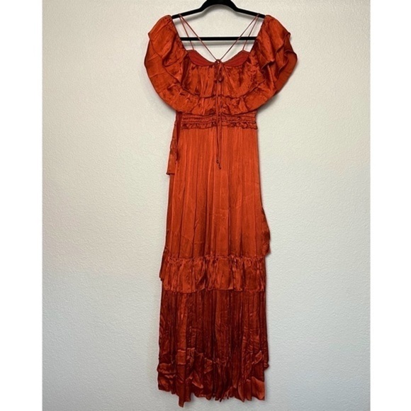 ULLA JOHNSON 70s Silk Tiered Ruffle Smocked Off Shoulder Sleeveless Maxi Gown 0 - Picture 4 of 12